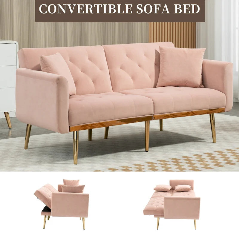 Canapé-lit deux places minimaliste en velours capitonné avec pieds en métal pour salon