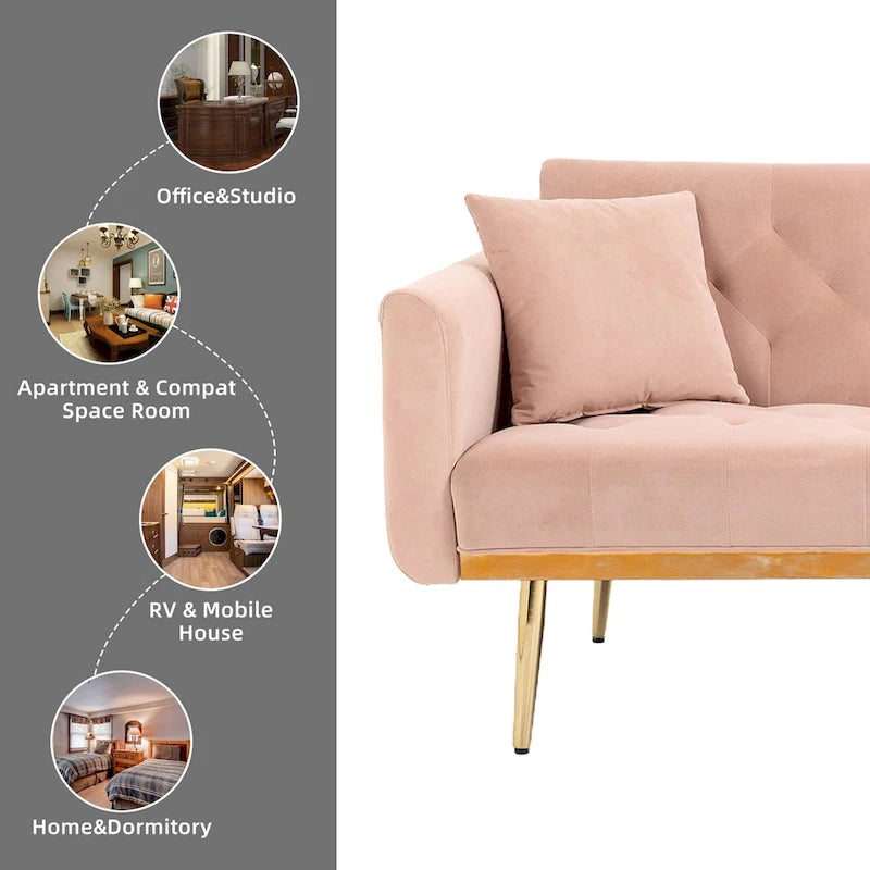 Canapé-lit deux places minimaliste en velours capitonné avec pieds en métal pour salon