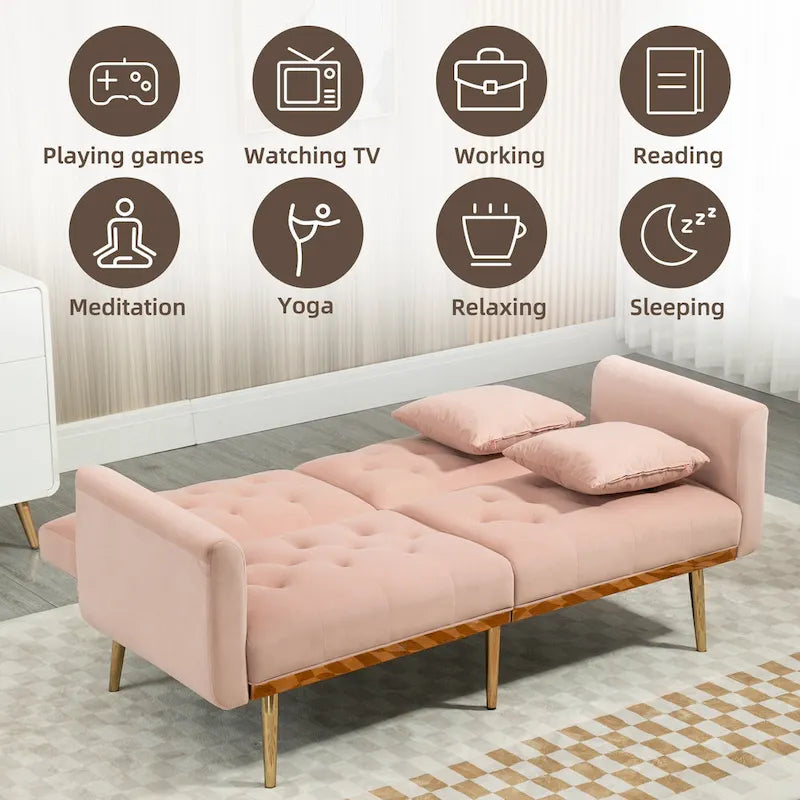 Canapé-lit deux places minimaliste en velours capitonné avec pieds en métal pour salon