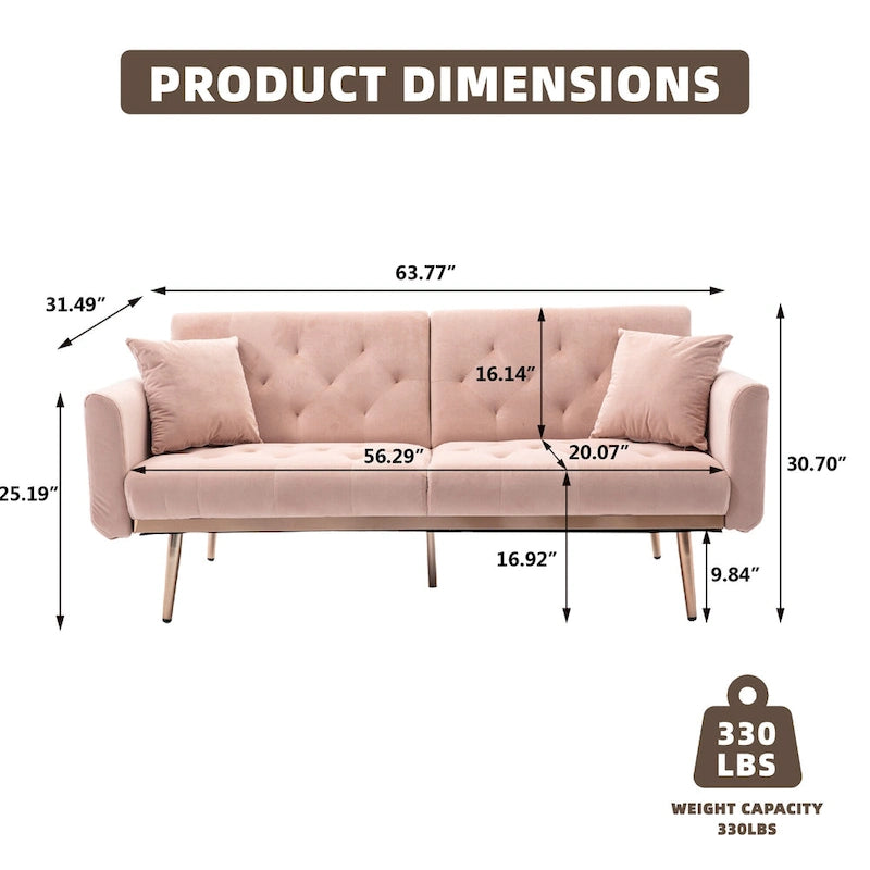 Canapé-lit deux places minimaliste en velours capitonné avec pieds en métal pour salon