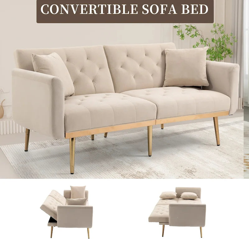 Canapé-lit deux places minimaliste en velours capitonné avec pieds en métal pour salon