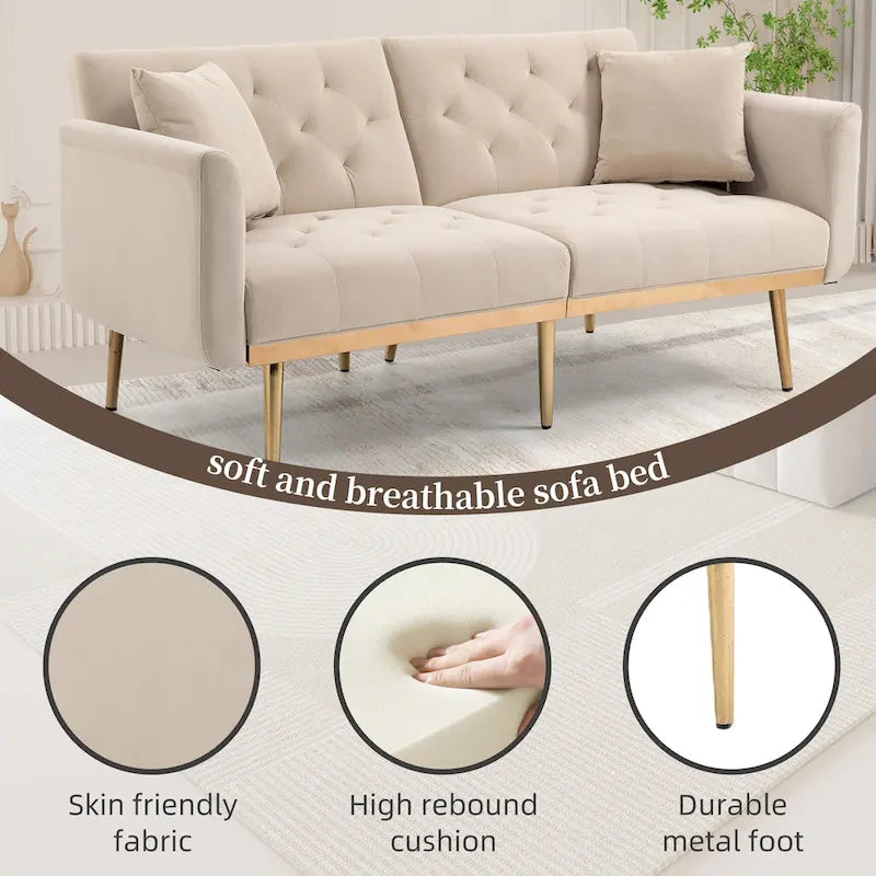 Canapé-lit deux places minimaliste en velours capitonné avec pieds en métal pour salon