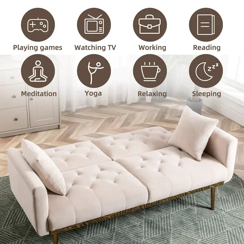 Canapé-lit deux places minimaliste en velours capitonné avec pieds en métal pour salon