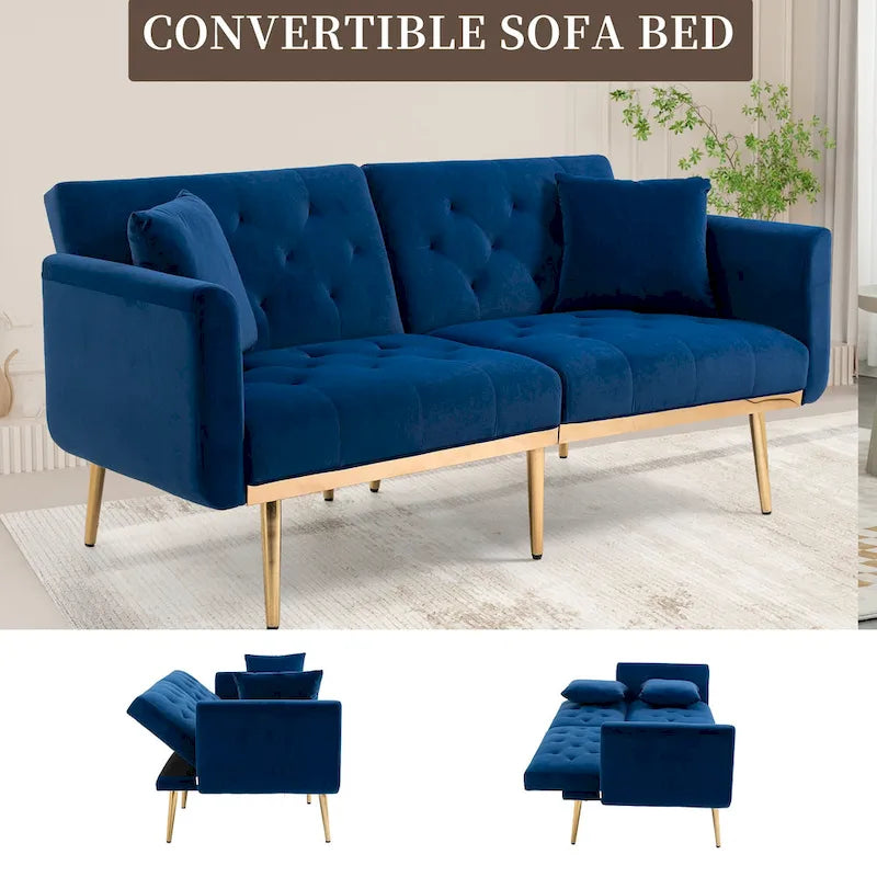 Canapé-lit deux places minimaliste en velours capitonné avec pieds en métal pour salon