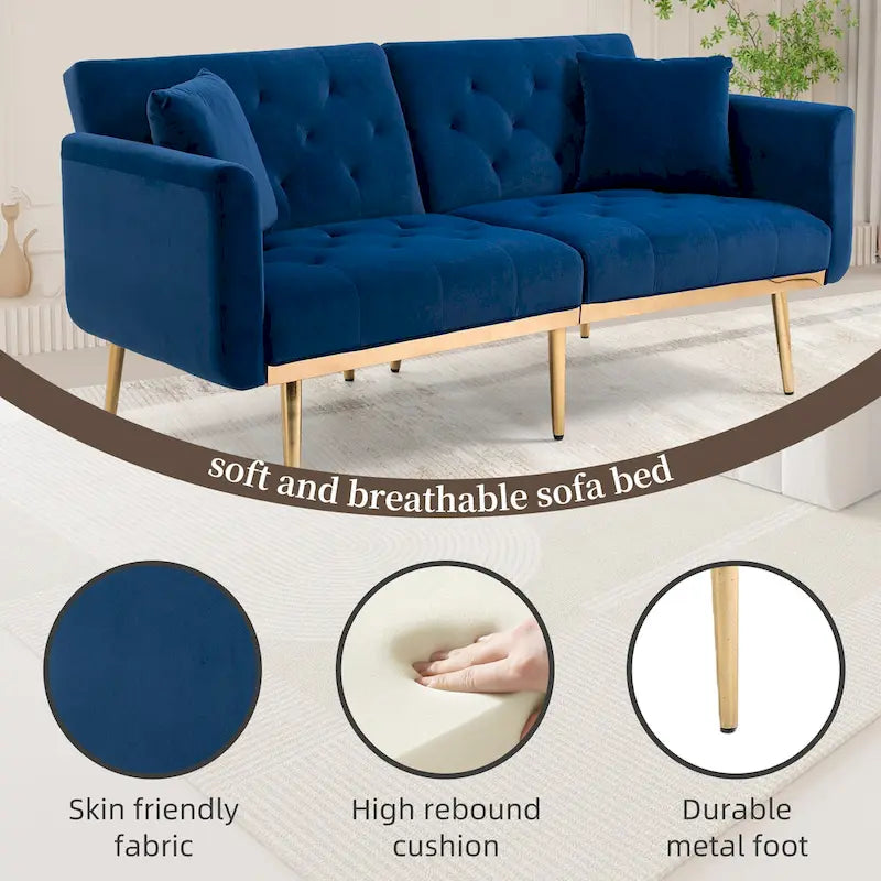 Canapé-lit deux places minimaliste en velours capitonné avec pieds en métal pour salon