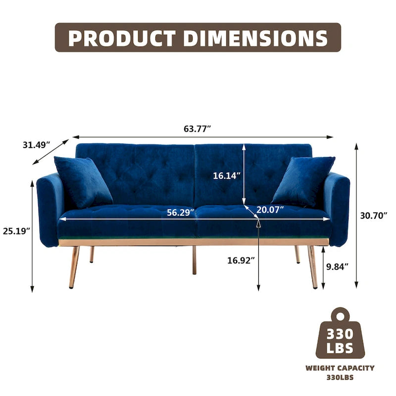 Canapé-lit deux places minimaliste en velours capitonné avec pieds en métal pour salon