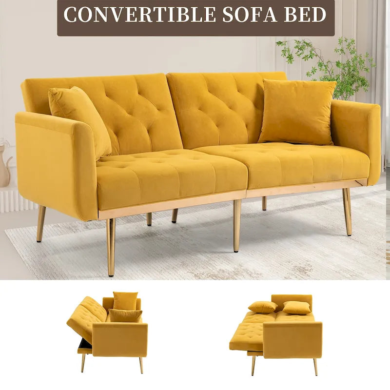 Canapé-lit deux places minimaliste en velours capitonné avec pieds en métal pour salon