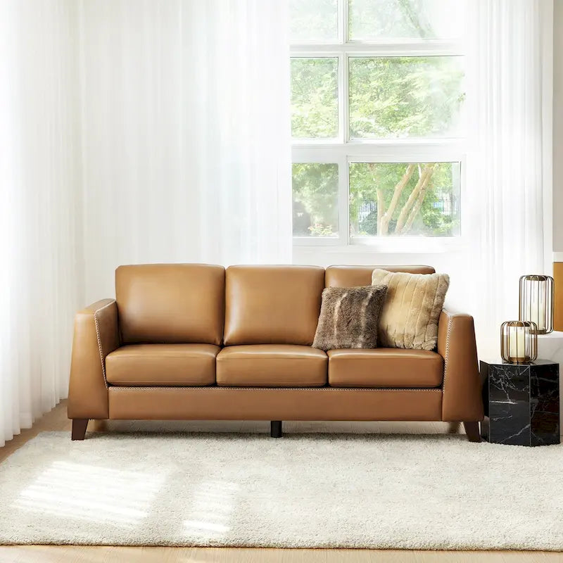 Canapé Rita 81,5 en cuir véritable, style smoking, avec accoudoirs et pieds en bois massif, par HULALA HOME