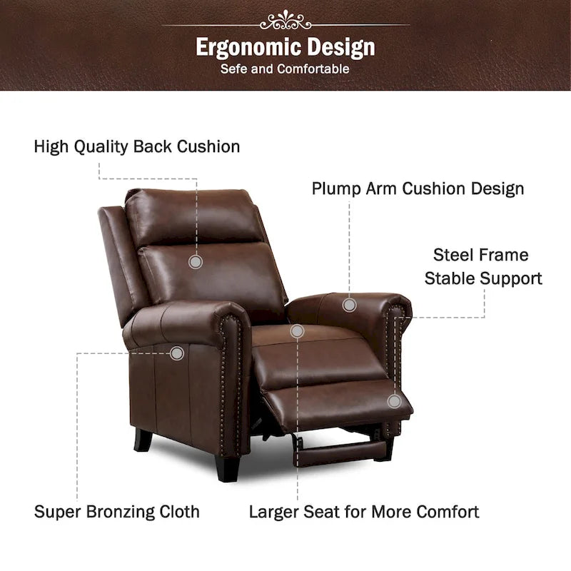 Fauteuil inclinable en cuir véritable avec dossier inclinable, accoudoirs et dossier confortables.
