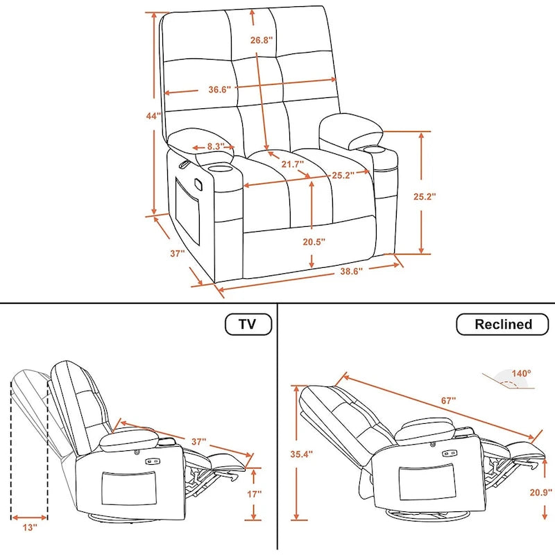 Fauteuil inclinable pivotant et à bascule MCombo grand format avec massage et chauffage, similicuir 7748