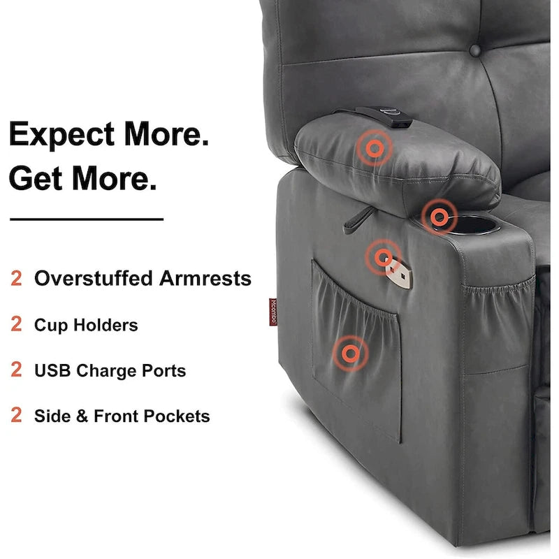 Fauteuil inclinable pivotant et à bascule MCombo grand format avec massage et chauffage, similicuir 7748