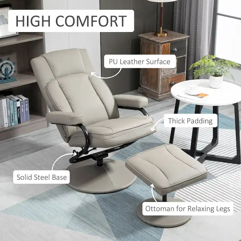 Fauteuil inclinable pivotant HOMCOM, manuel, en cuir PU avec repose-pieds ottoman, pour salon, bureau, chambre.