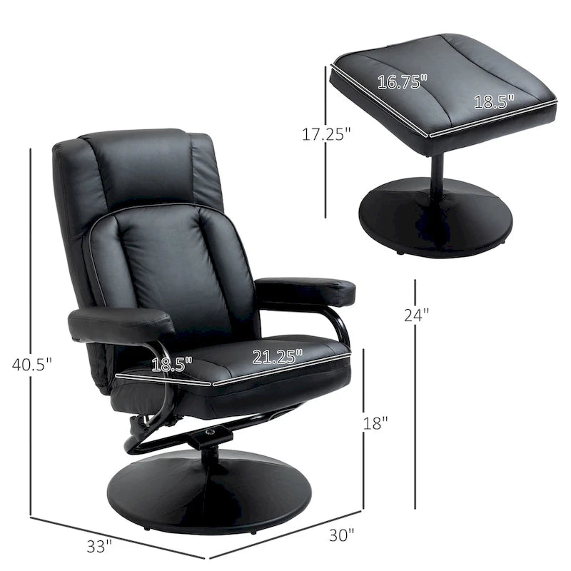 Fauteuil inclinable pivotant HOMCOM, manuel, en cuir PU avec repose-pieds ottoman, pour salon, bureau, chambre.