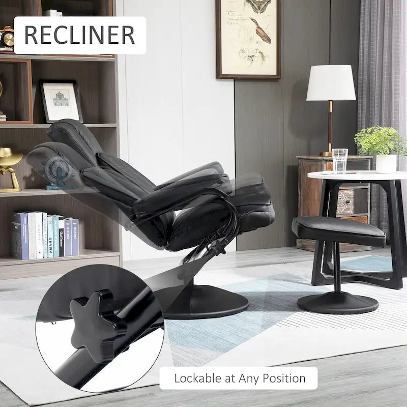 Fauteuil inclinable pivotant HOMCOM, manuel, en cuir PU avec repose-pieds ottoman, pour salon, bureau, chambre.