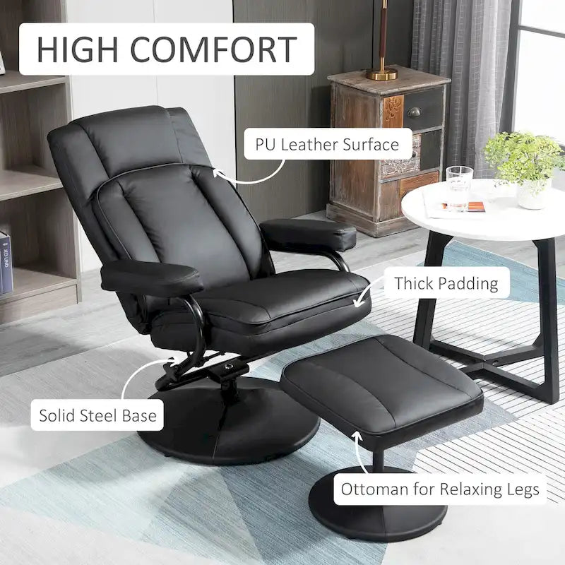 Fauteuil inclinable pivotant HOMCOM, manuel, en cuir PU avec repose-pieds ottoman, pour salon, bureau, chambre.