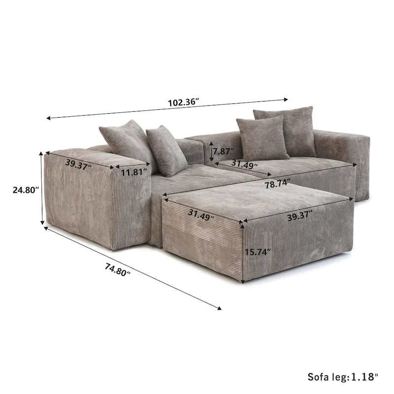 Canapé d'angle avec 4 coussins, canapé d'angle modulaire moderne et luxueux avec poufs méridienne