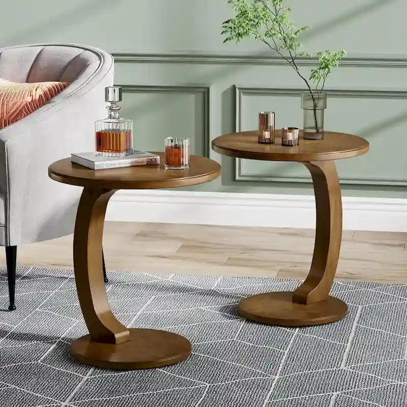 Solid Wood Round End Table Mid Century C-Shaped Side Table for Living Room & Bedroom