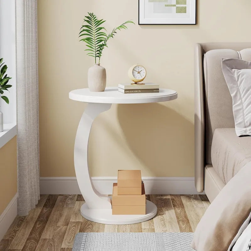 Table d'appoint ronde en bois massif, style milieu du siècle, en forme de C, pour salon et chambre.
