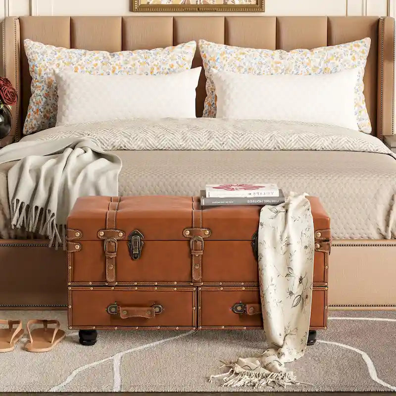 COZAYH Vintage Storage Ottoman Bench, Chest Cabinet with Latch Closure and Buckle for Bedroom Closet Home Organizer Decorative