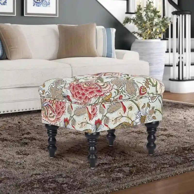 Adeco Ottoman Stool Tufted Foot Rest Fabric Floral Vanity Stool