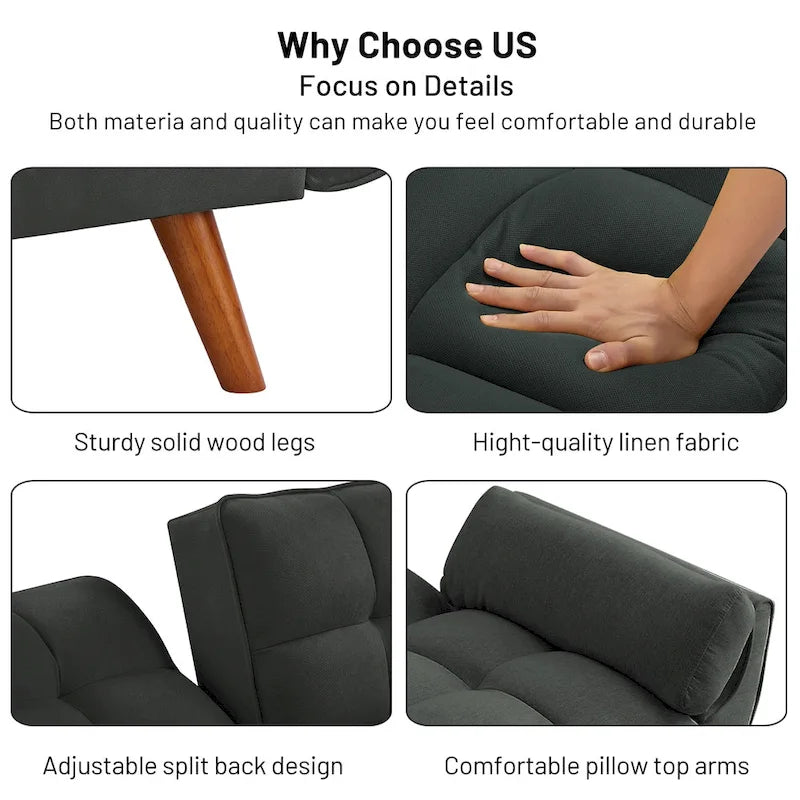 Canapé-lit futon de 191,5 cm (75,39 po), convertible et capitonné, avec dossier inclinable et capitonné.