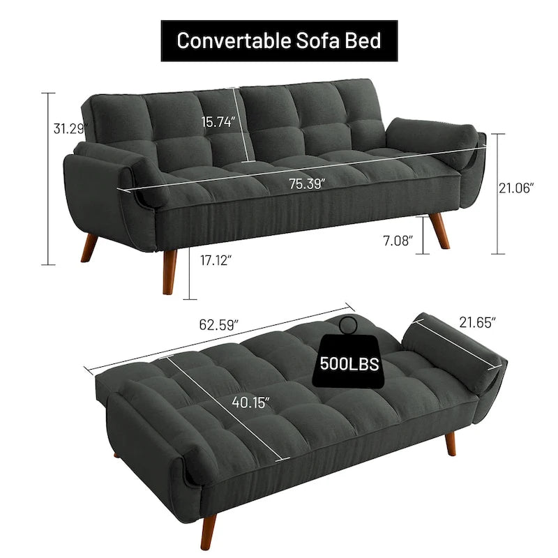 Canapé-lit futon de 191,5 cm (75,39 po), convertible et capitonné, avec dossier inclinable et capitonné.