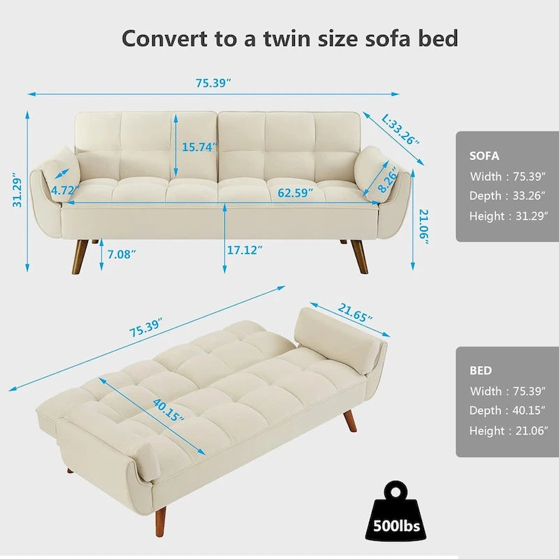 Canapé-lit futon de 191,5 cm (75,39 po), convertible et capitonné, avec dossier inclinable et capitonné.