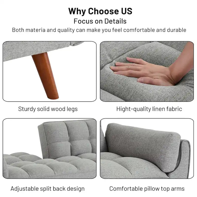 Canapé-lit futon de 191,5 cm (75,39 po), convertible et capitonné, avec dossier inclinable et capitonné.