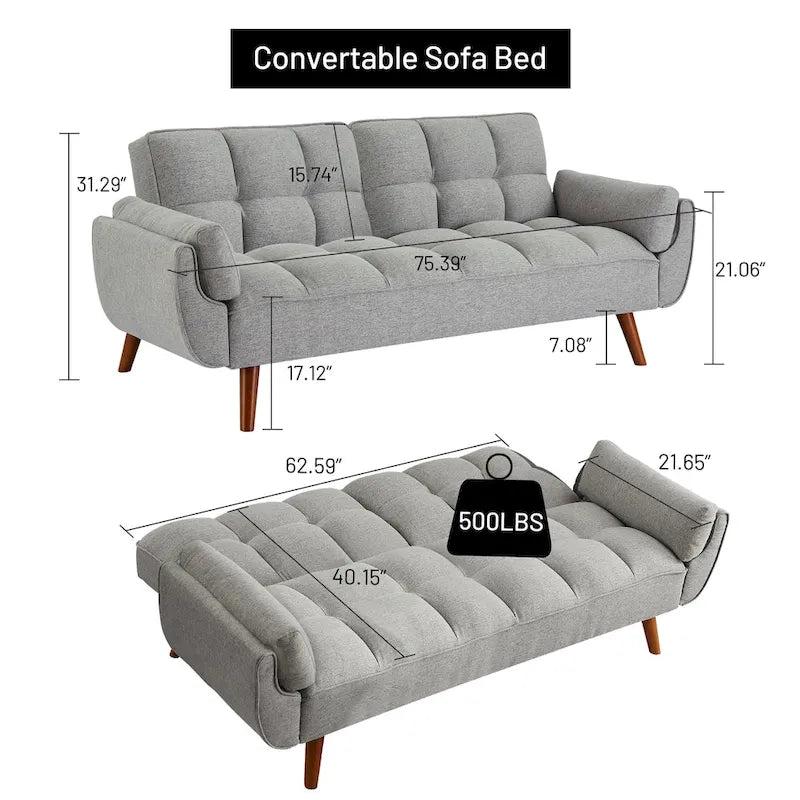 Canapé-lit futon de 191,5 cm (75,39 po), convertible et capitonné, avec dossier inclinable et capitonné.
