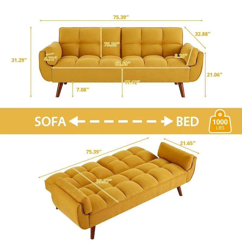 Canapé-lit futon de 191,5 cm (75,39 po), convertible et capitonné, avec dossier inclinable et capitonné.