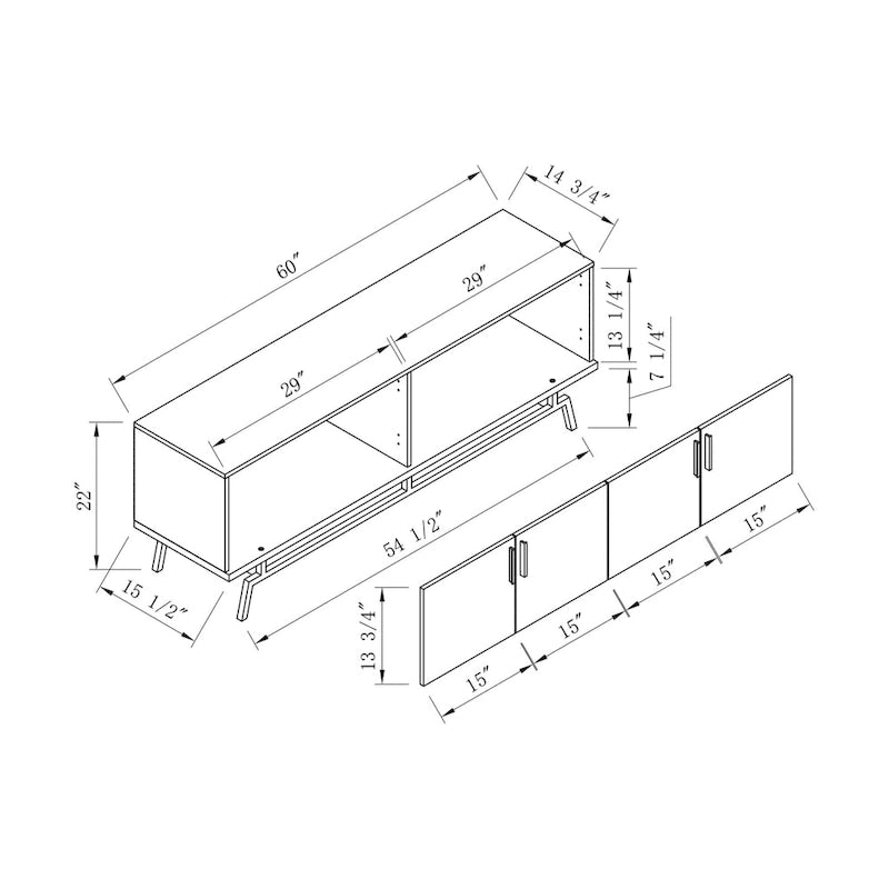 Meuble TV Adela moderne de 152 cm (60 pouces) avec base en métal et 4 portes