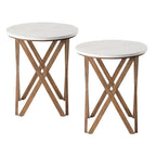 Ensemble de 2 tables d'appoint rondes COZAYH, style ferme, plateau blanc vieilli et piètement assorti, idéales pour une déco moderne, bohème ou champêtre.