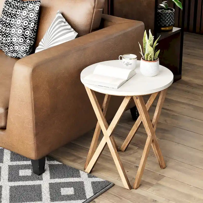 Ensemble de 2 tables d'appoint rondes COZAYH, style ferme, plateau blanc vieilli et piètement assorti, idéales pour une déco moderne, bohème ou champêtre.