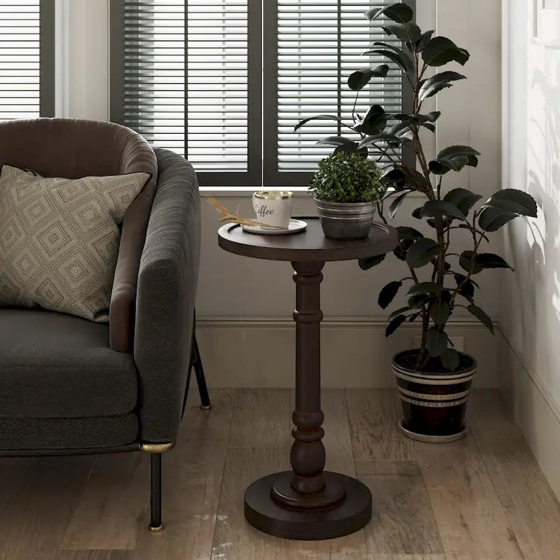 Table d'appoint COZAYH sur pied central, style campagnard, plateau plateau, finition vieillie, style traditionnel