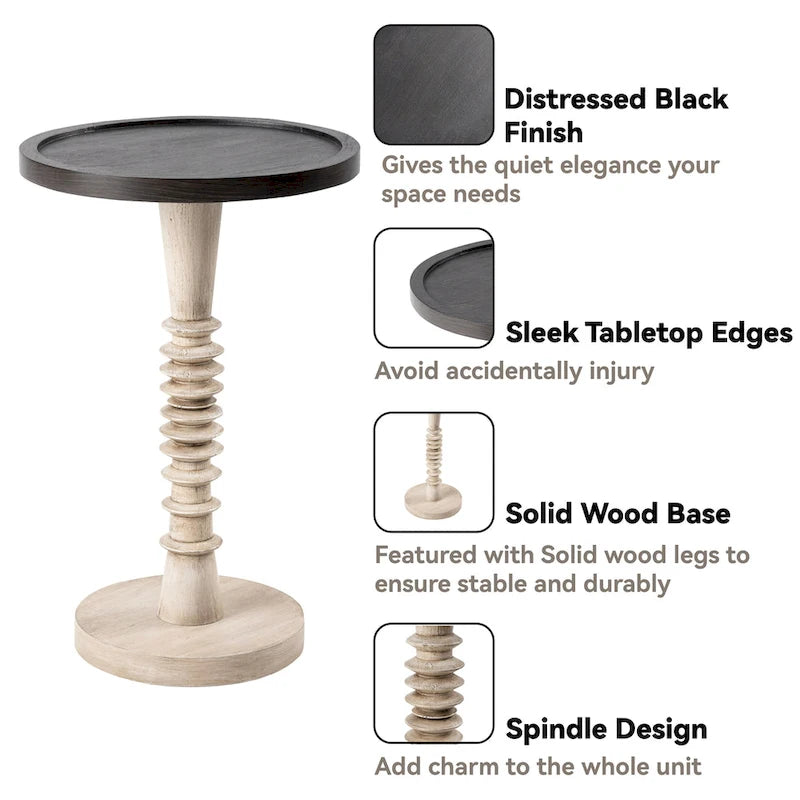 Table d'appoint COZAYH sur pied central, style campagnard, plateau plateau, finition vieillie, style traditionnel