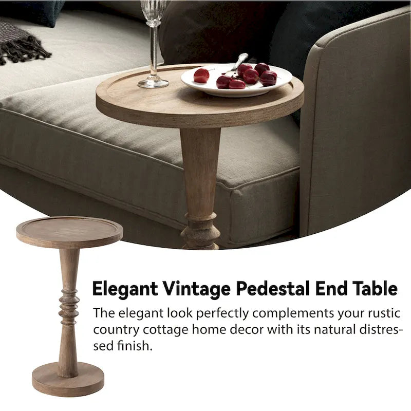 Table d'appoint COZAYH sur pied central, style campagnard, plateau plateau, finition vieillie, style traditionnel
