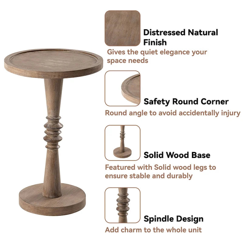 Table d'appoint COZAYH sur pied central, style campagnard, plateau plateau, finition vieillie, style traditionnel