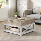 Table basse carrée Moasis Farmhouse avec plateau relevable, rangement et étagère