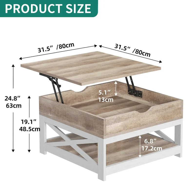 Table basse carrée Moasis Farmhouse avec plateau relevable, rangement et étagère