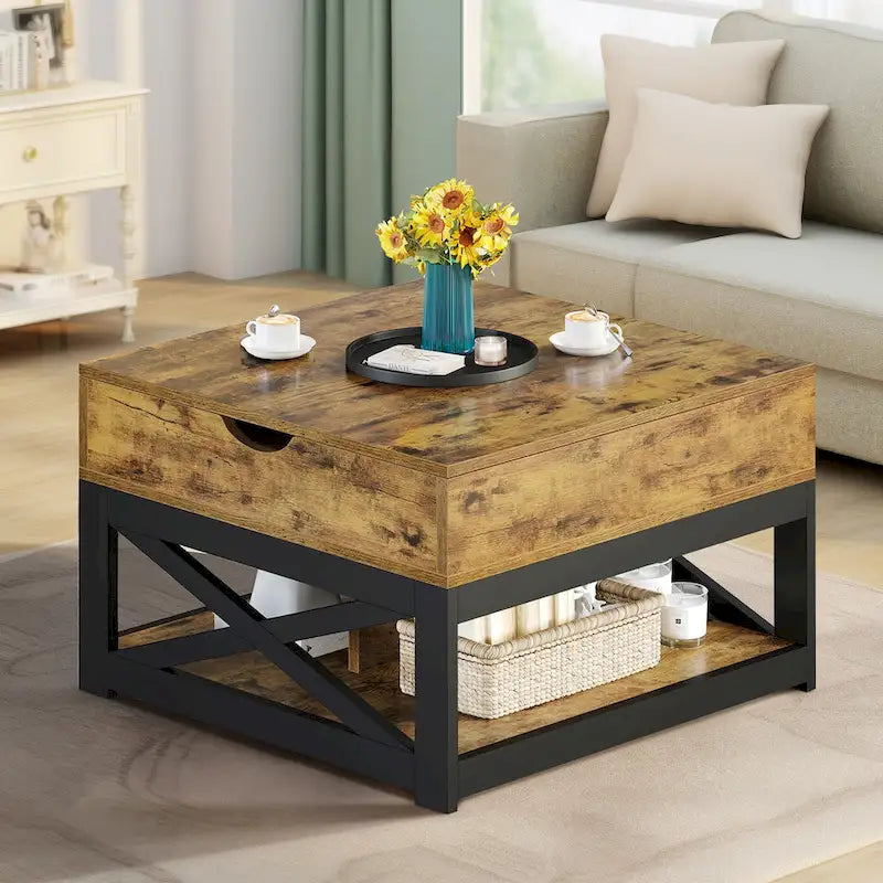 Table basse carrée Moasis Farmhouse avec plateau relevable, rangement et étagère