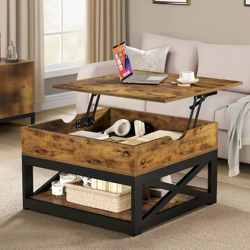 Table basse carrée Moasis Farmhouse avec plateau relevable, rangement et étagère
