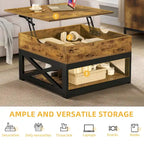 Table basse carrée Moasis Farmhouse avec plateau relevable, rangement et étagère