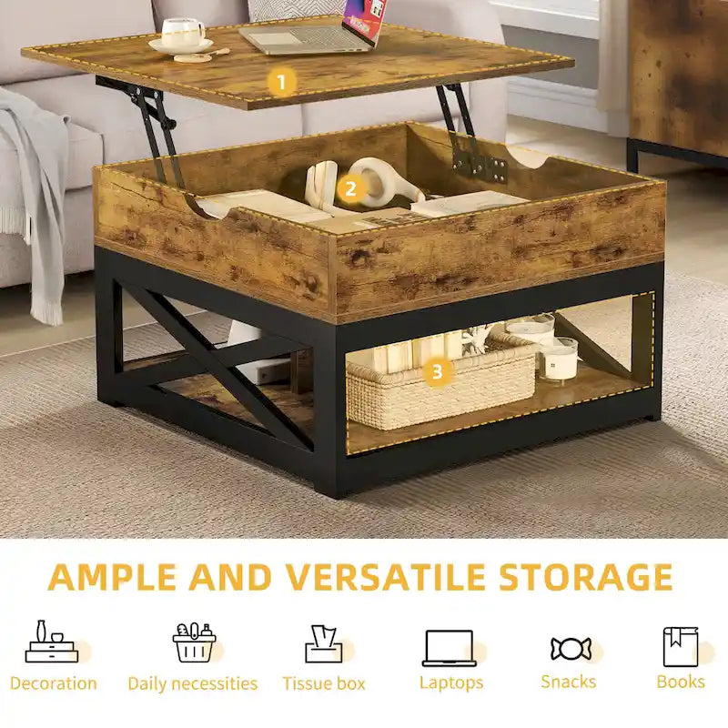 Table basse carrée Moasis Farmhouse avec plateau relevable, rangement et étagère