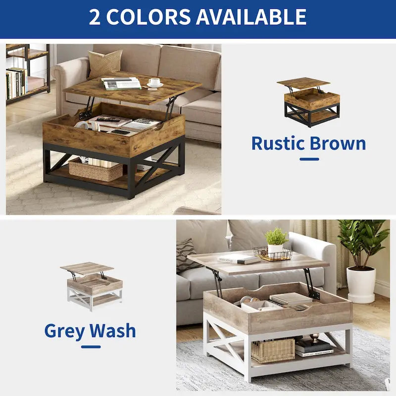 Table basse carrée Moasis Farmhouse avec plateau relevable, rangement et étagère