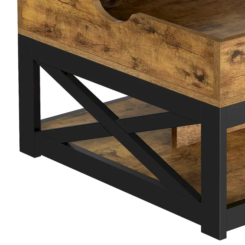 Table basse carrée Moasis Farmhouse avec plateau relevable, rangement et étagère