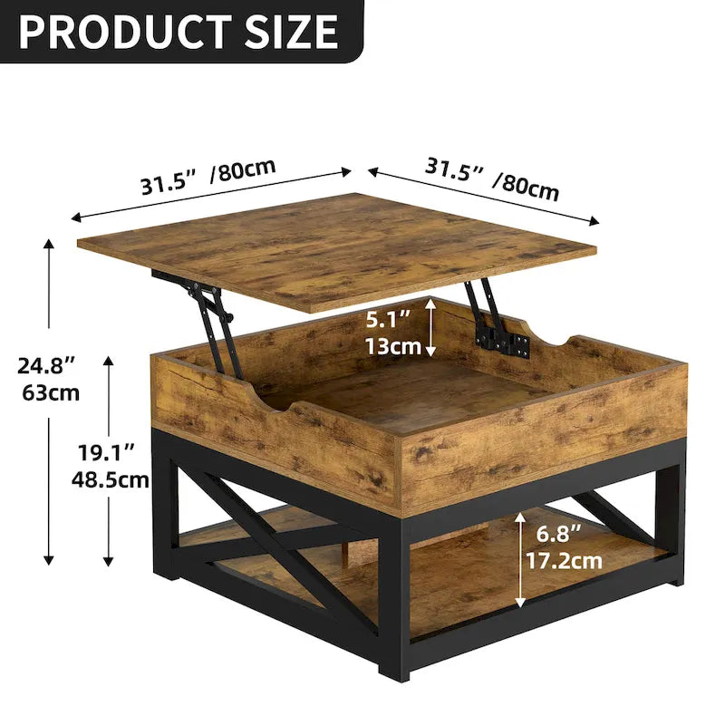 Table basse carrée Moasis Farmhouse avec plateau relevable, rangement et étagère