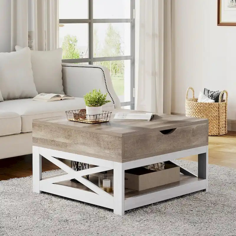 Table basse carrée Moasis Farmhouse avec plateau relevable, rangement et étagère