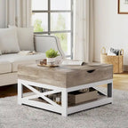 Table basse carrée Moasis Farmhouse avec plateau relevable, rangement et étagère