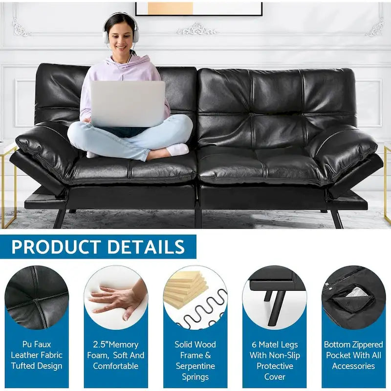 Canapé-lit futon, canapé convertible moderne avec accoudoirs réglables pour studio, bureau, appartement, petit salon