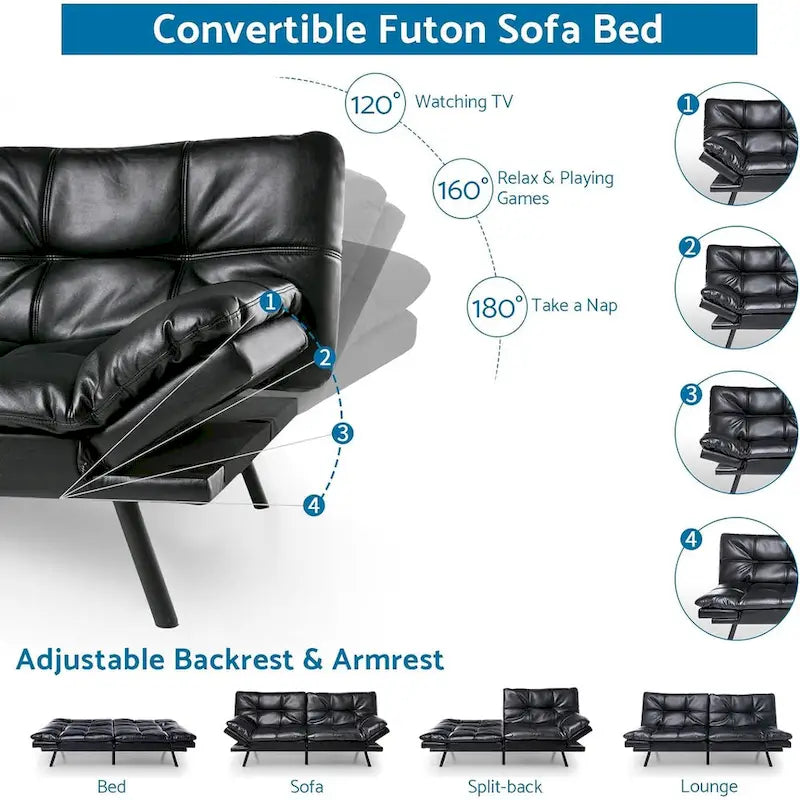 Canapé-lit futon, canapé convertible moderne avec accoudoirs réglables pour studio, bureau, appartement, petit salon